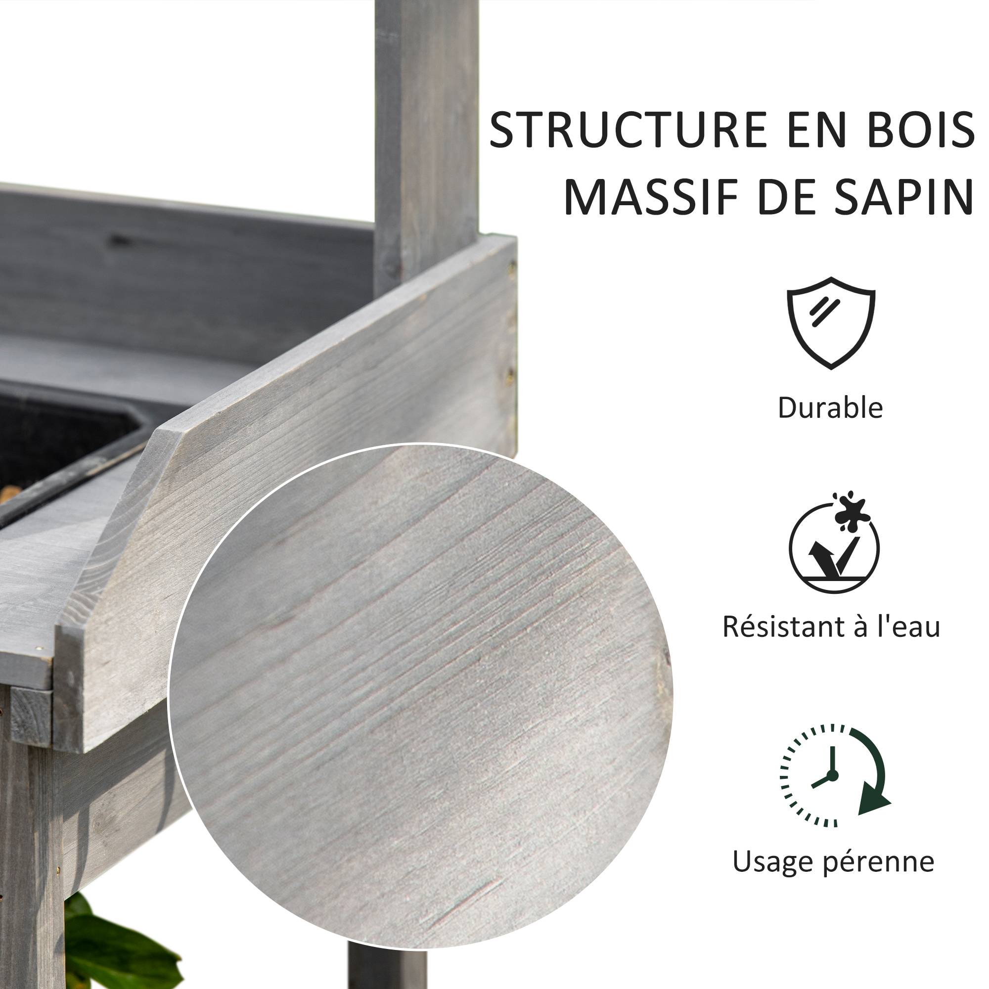 Table de rempotage multi-équipée table de jardinage avec tiroir, 3 étagères, évier, 3 crochets - table de plantation bois sapin pré-huilé gris - Image 9