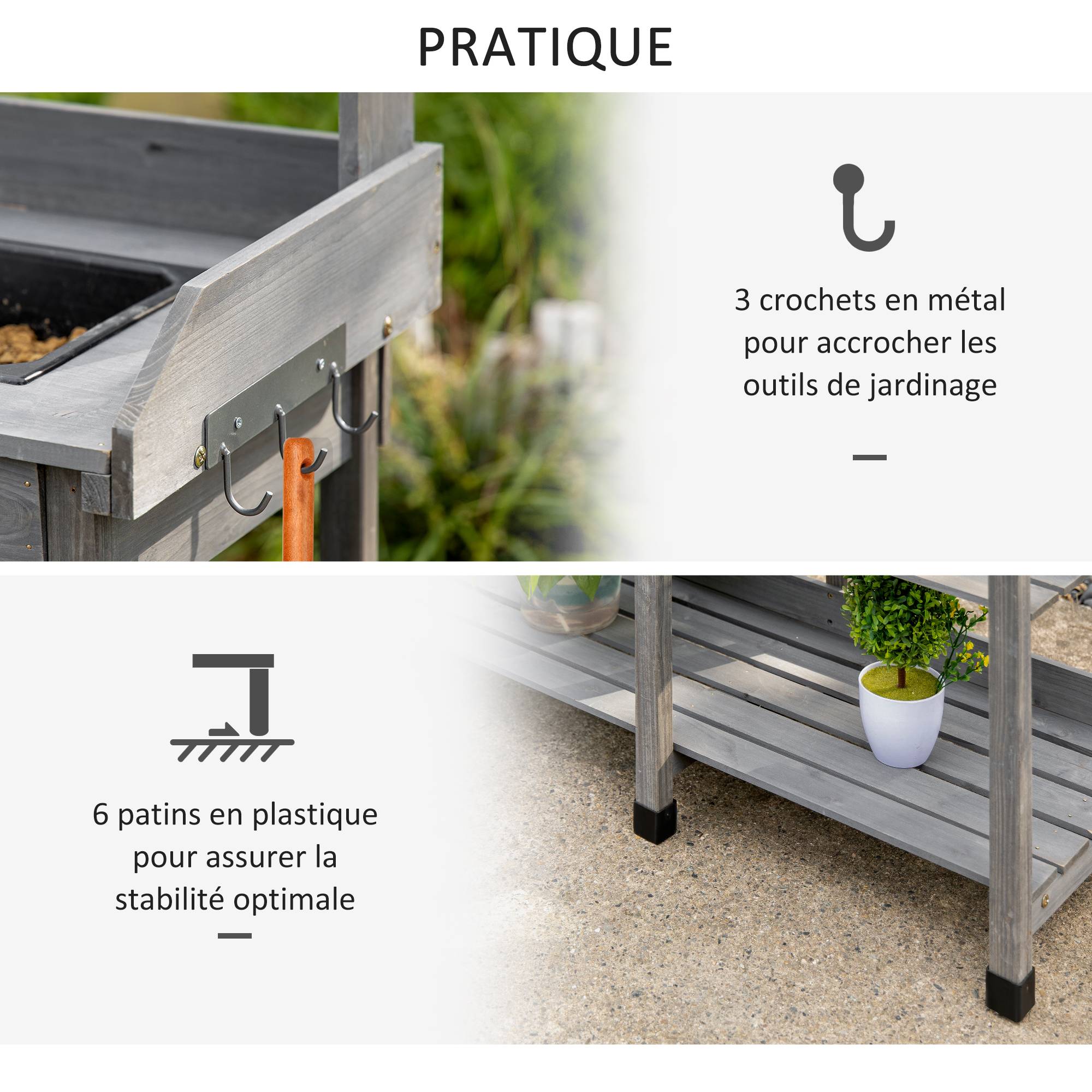 Table de rempotage multi-équipée table de jardinage avec tiroir, 3 étagères, évier, 3 crochets - table de plantation bois sapin pré-huilé gris - Image 8