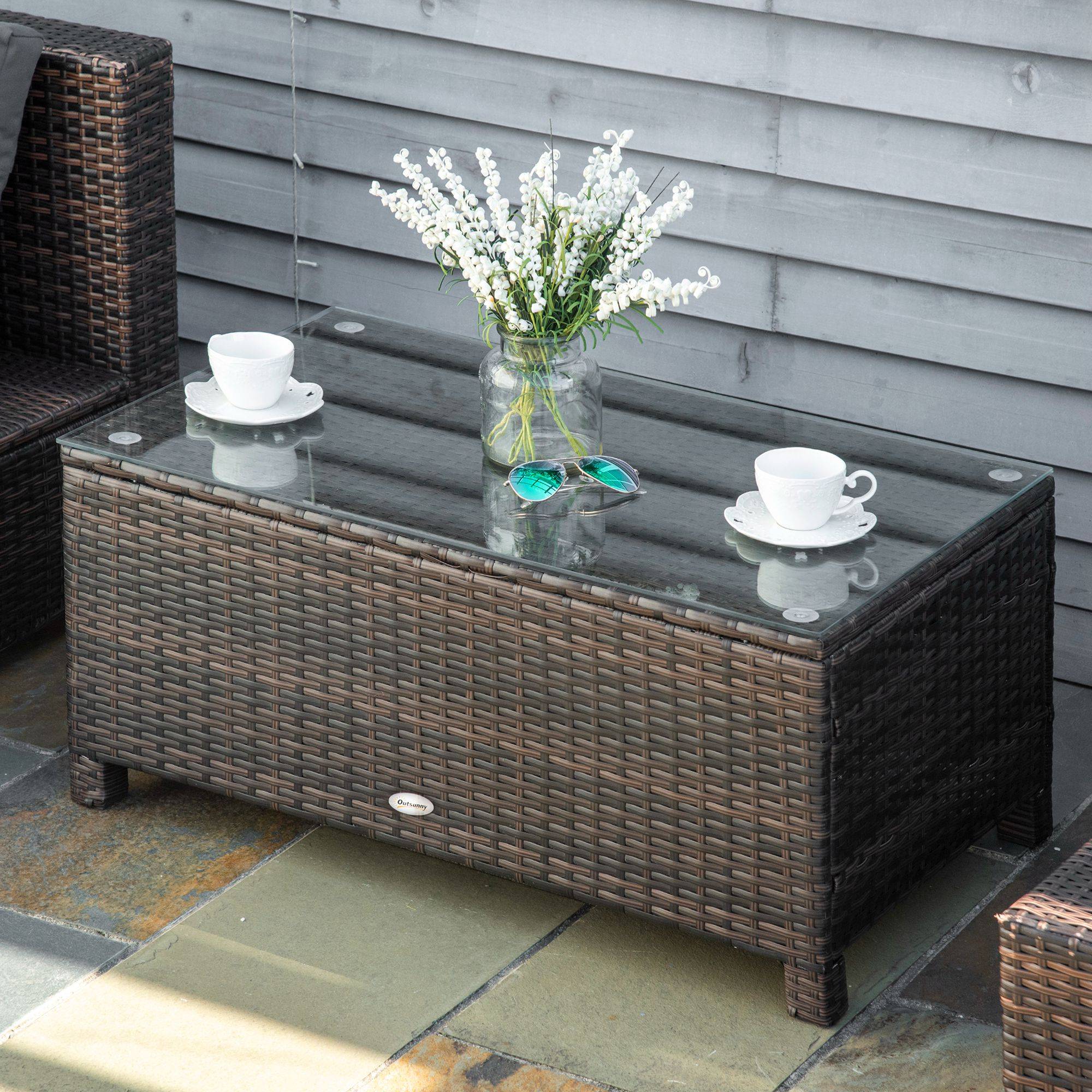 Sans Marque - Table Basse de Jardin Plateau Verre trempé 5 mm rotin tressé 85 x 50 x 39cm Max. 50 kg Marron - Image 3