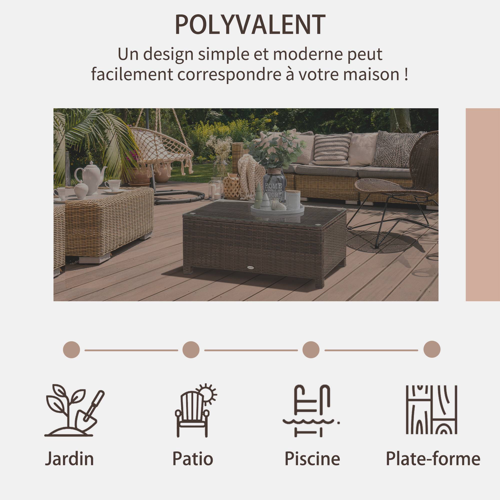 Sans Marque - Table Basse de Jardin Plateau Verre trempé 5 mm rotin tressé 85 x 50 x 39cm Max. 50 kg Marron - Image 8