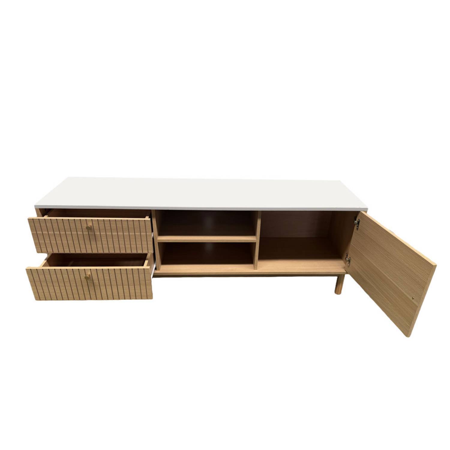 Meuble TV aspect bois rainuré et blanc avec tiroirs et placard 150cm TRIX - Image 5
