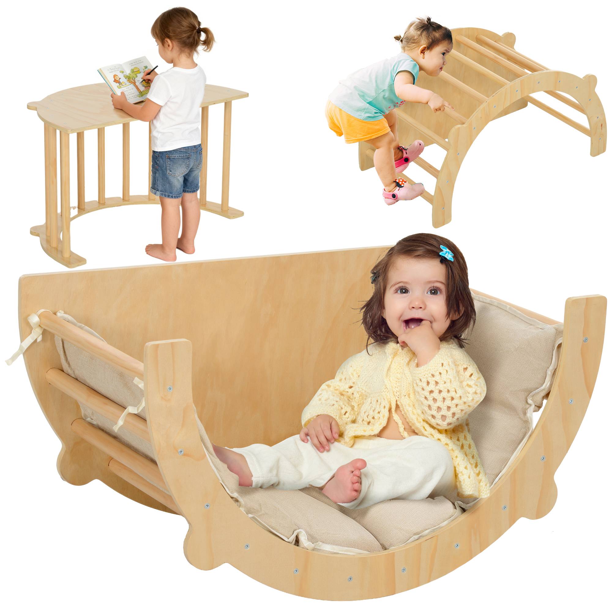 3 en 1 Arche d'escalade fauteuil à bascule et table de jeu coussin, en bois naturel, pour enfants de 18 à 48 mois