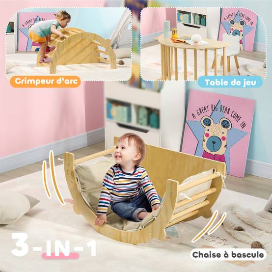 3 en 1 Arche d'escalade fauteuil à bascule et table de jeu coussin, en bois naturel, pour enfants de 18 à 48 mois - Image 6