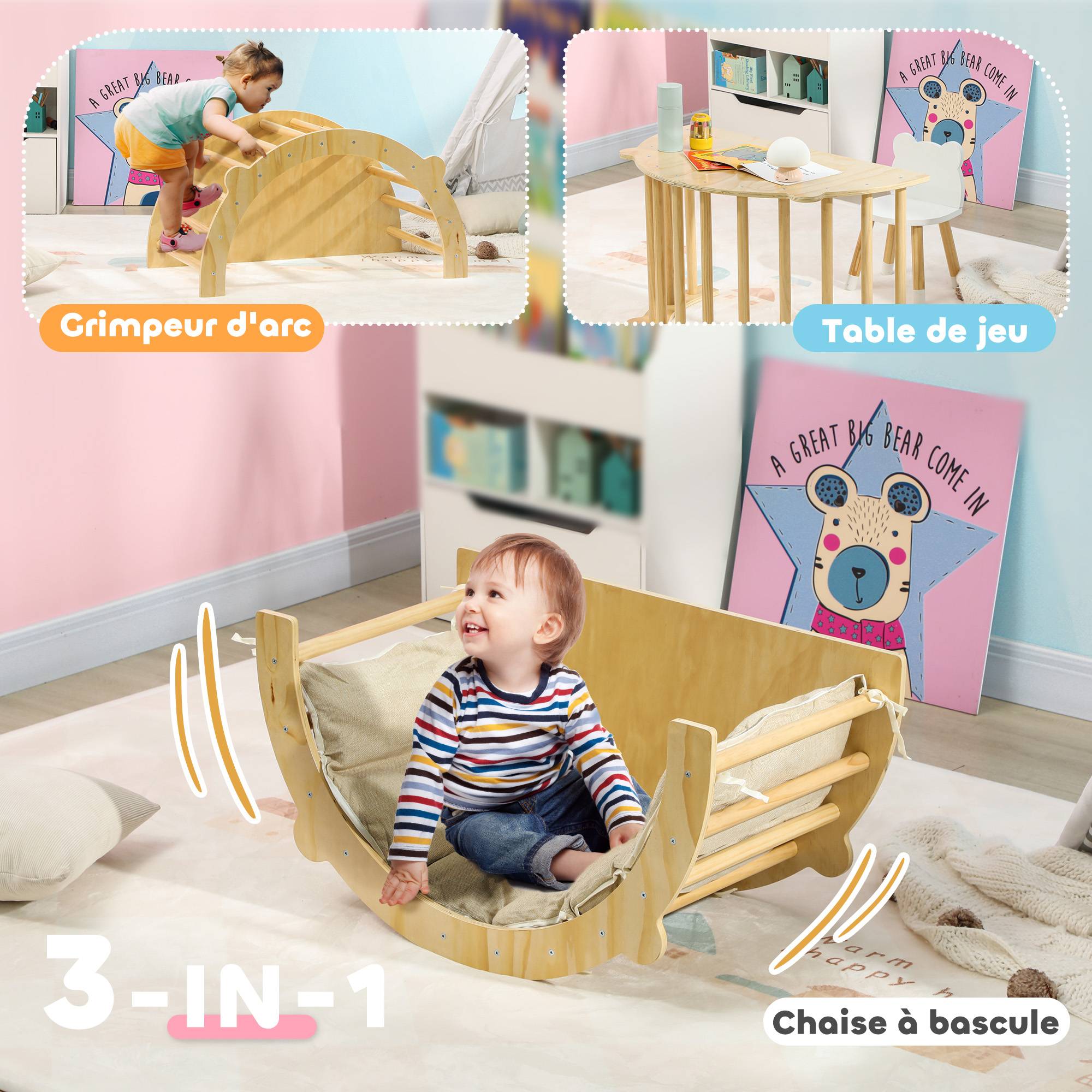 3 en 1 Arche d'escalade fauteuil à bascule et table de jeu coussin, en bois naturel, pour enfants de 18 à 48 mois - Image 6