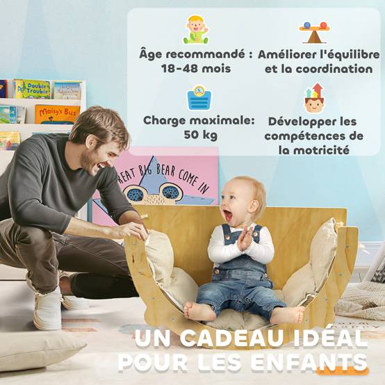 3 en 1 Arche d'escalade fauteuil à bascule et table de jeu coussin, en bois naturel, pour enfants de 18 à 48 mois - Image 9