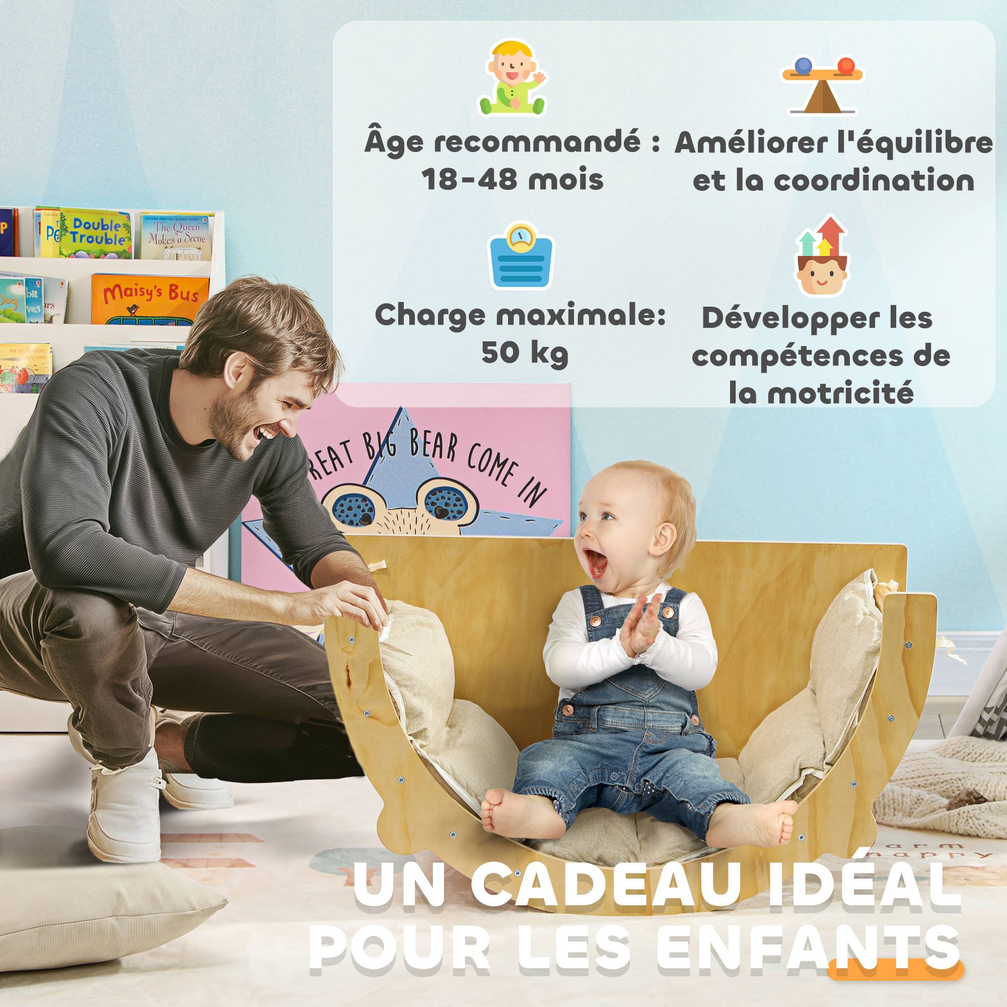 3 en 1 Arche d'escalade fauteuil à bascule et table de jeu coussin, en bois naturel, pour enfants de 18 à 48 mois - Image 9