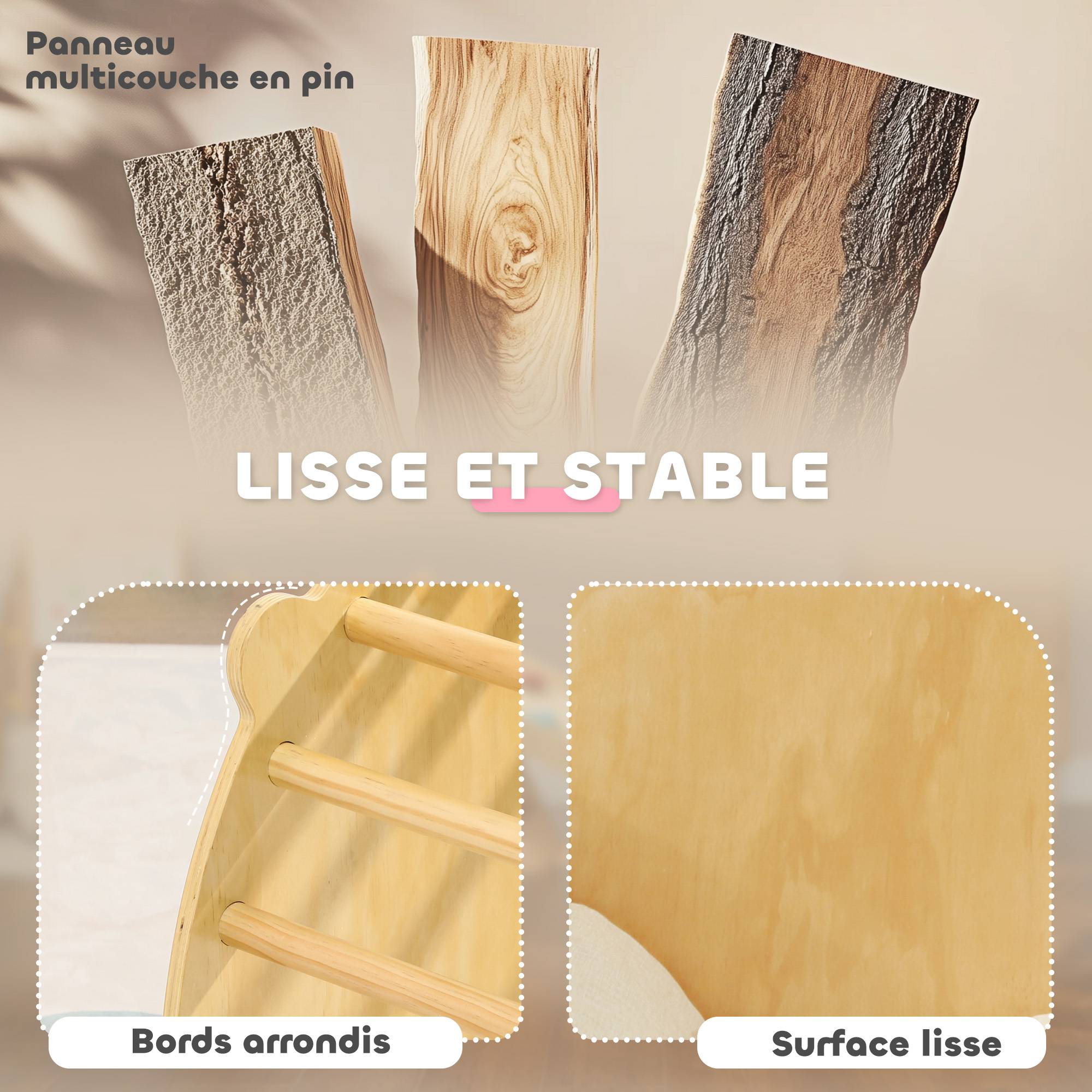 3 en 1 Arche d'escalade fauteuil à bascule et table de jeu coussin, en bois naturel, pour enfants de 18 à 48 mois - Image 7