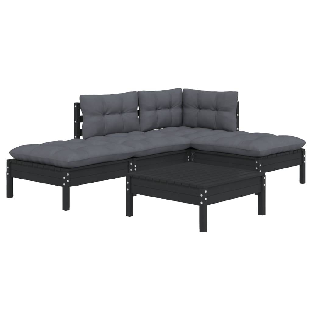 Helloshop26 - Salon de jardin meuble d'extérieur ensemble de mobilier 5 pièces avec coussins noir bois de pin - Image 1