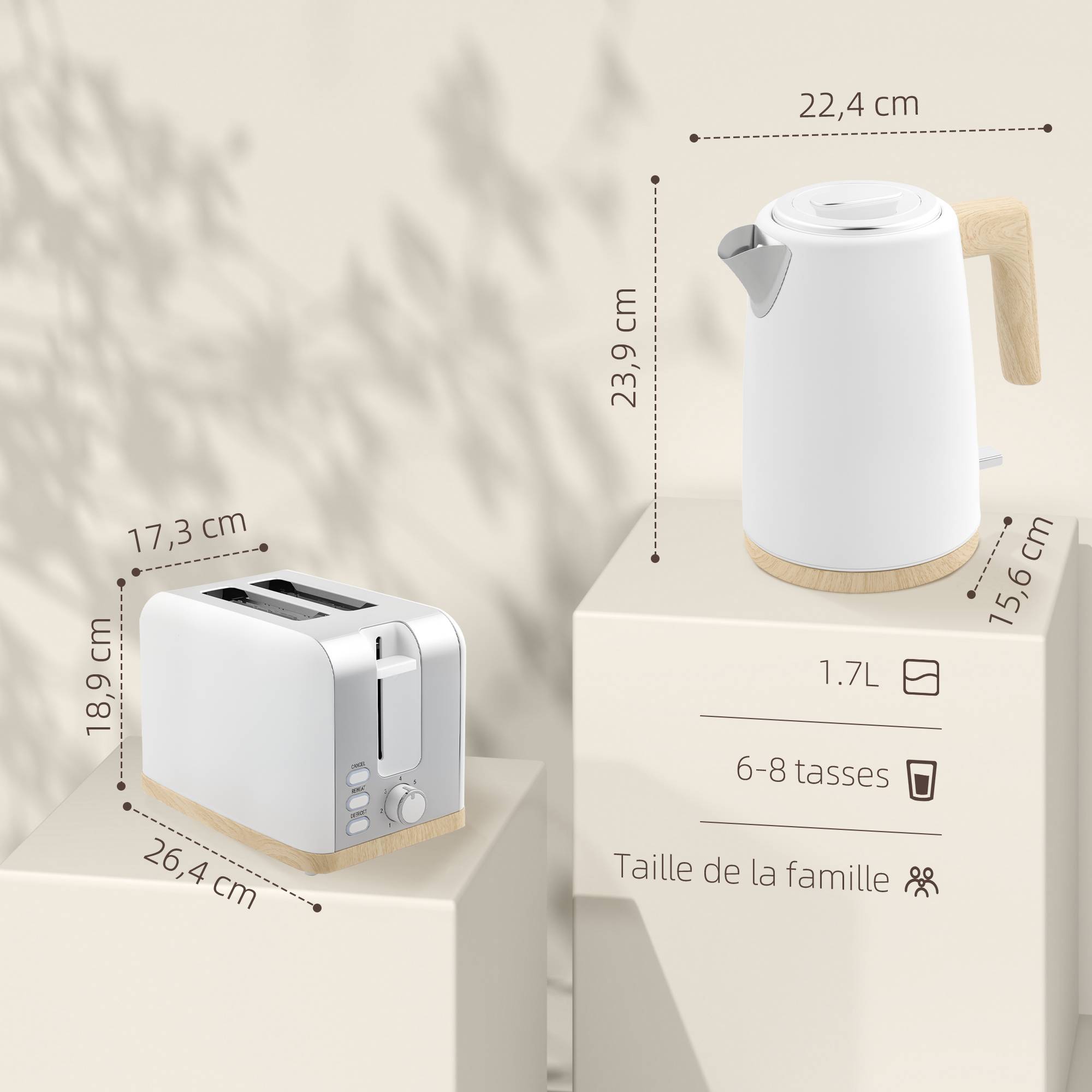 Ensemble bouilloire 1,7L 2200W et grille-pain 2 tranches 7 niveaux de brunissage, blanc - Image 5