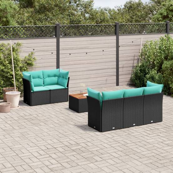 ComfortXL - Salon de Jardin Bas Modulable 6 Pièces Résine Tressée Noire Fonction Coffre Coussins Bleus Patio – ComfortXL Outdoor Living - Image 1