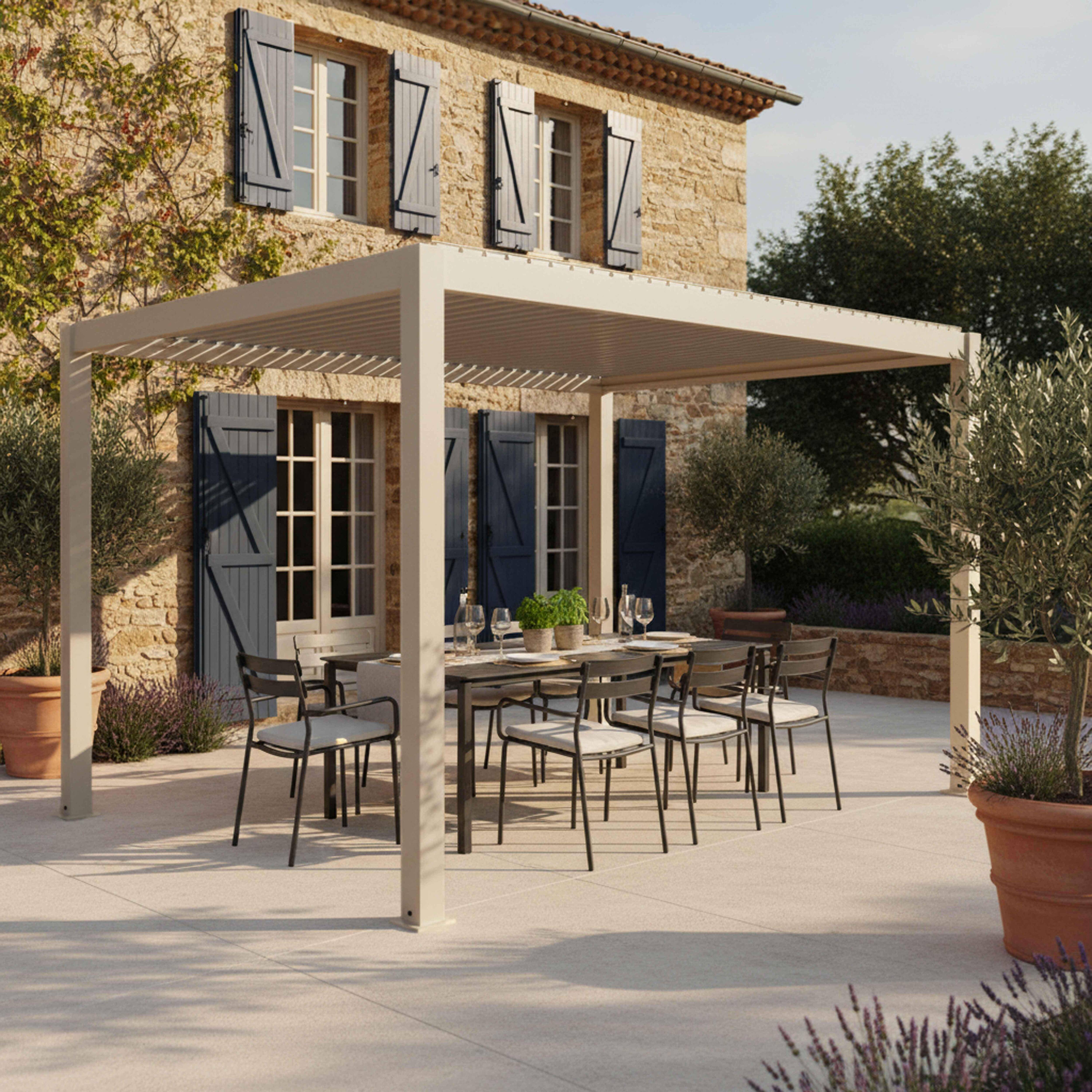 Oviala - Pergola bioclimatique autoportée 3x4 m et 2 stores bois crème Athenes - Oviala - Image 3