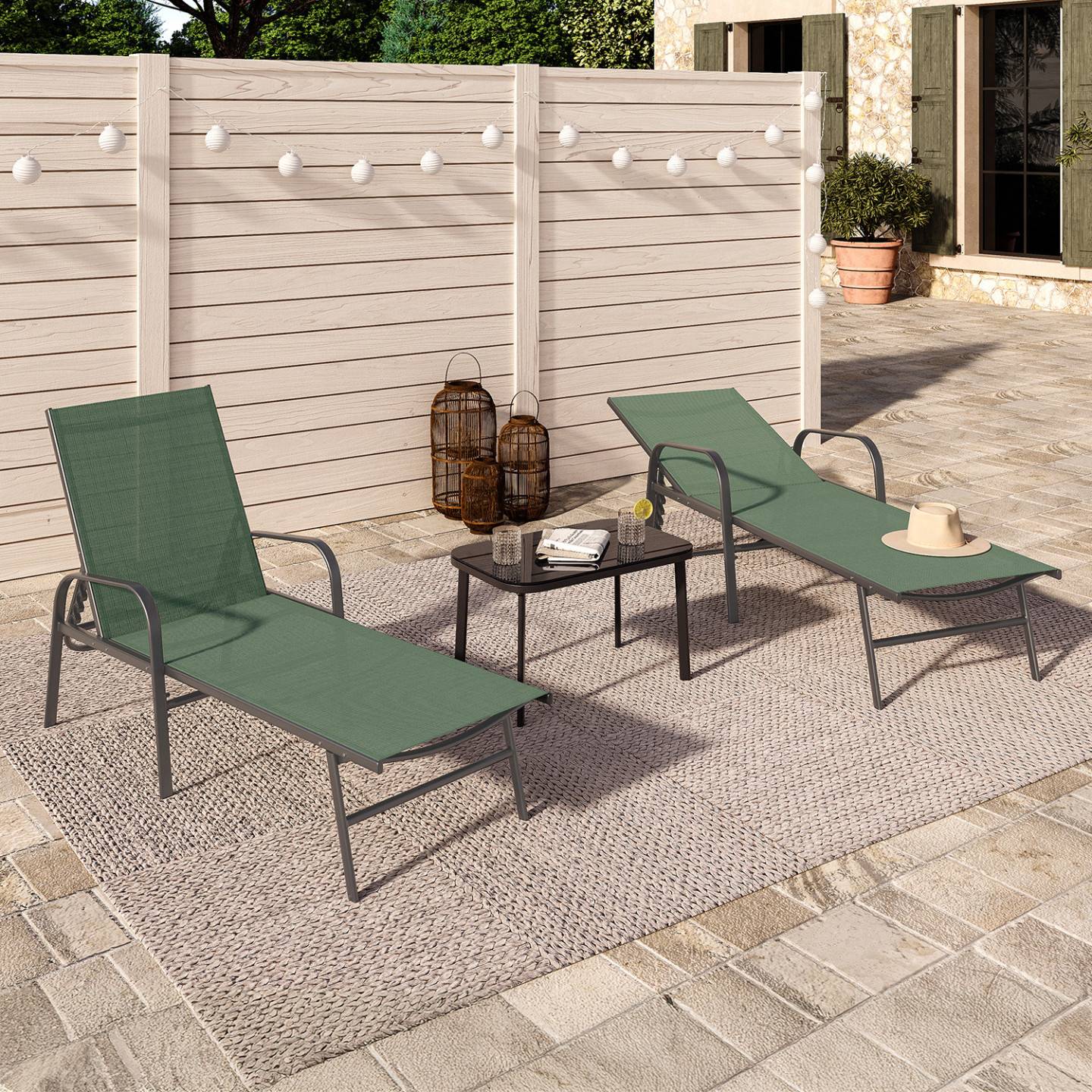 Lot de 2 transats de jardin inclinables FIDJI en acier et toile vert olive