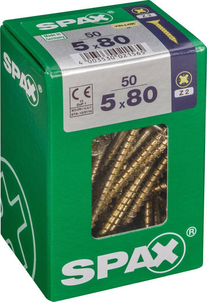 Spax - Lot de 50 vis acier tête fraisée pozidriv SPAX, Diam.5 mm x L.80 mm