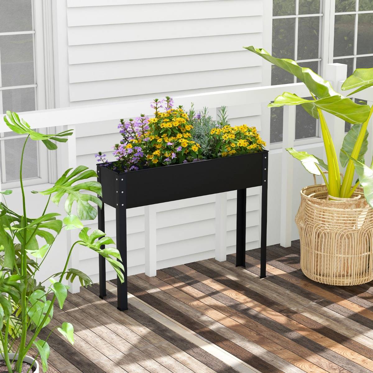 Bac à Jardin Surélevé Jardinière Métallique Élevée avec Pieds Trou de Drainage Conteneur de Plantes Extérieur Intérieur Noir - Image 3
