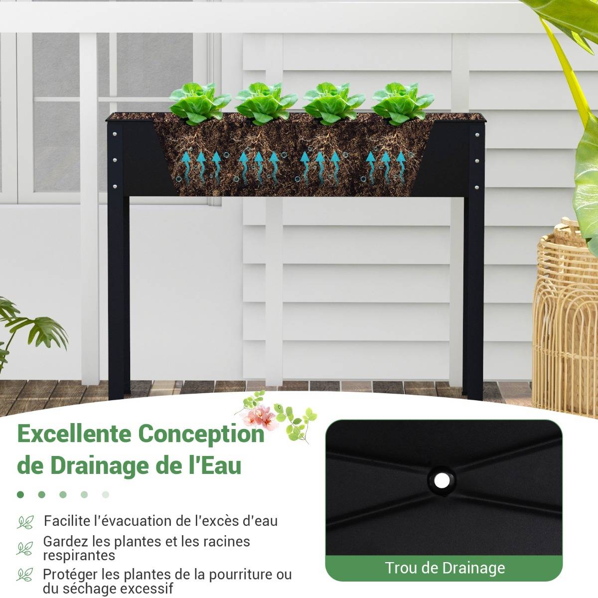 Bac à Jardin Surélevé Jardinière Métallique Élevée avec Pieds Trou de Drainage Conteneur de Plantes Extérieur Intérieur Noir - Image 8