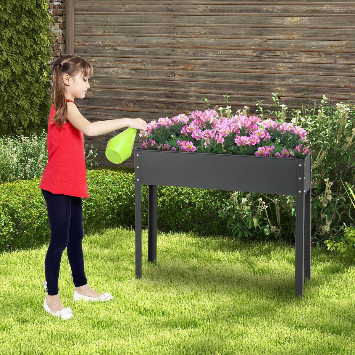 Bac à Jardin Surélevé Jardinière Métallique Élevée avec Pieds Trou de Drainage Conteneur de Plantes Extérieur Intérieur Noir - Image 2
