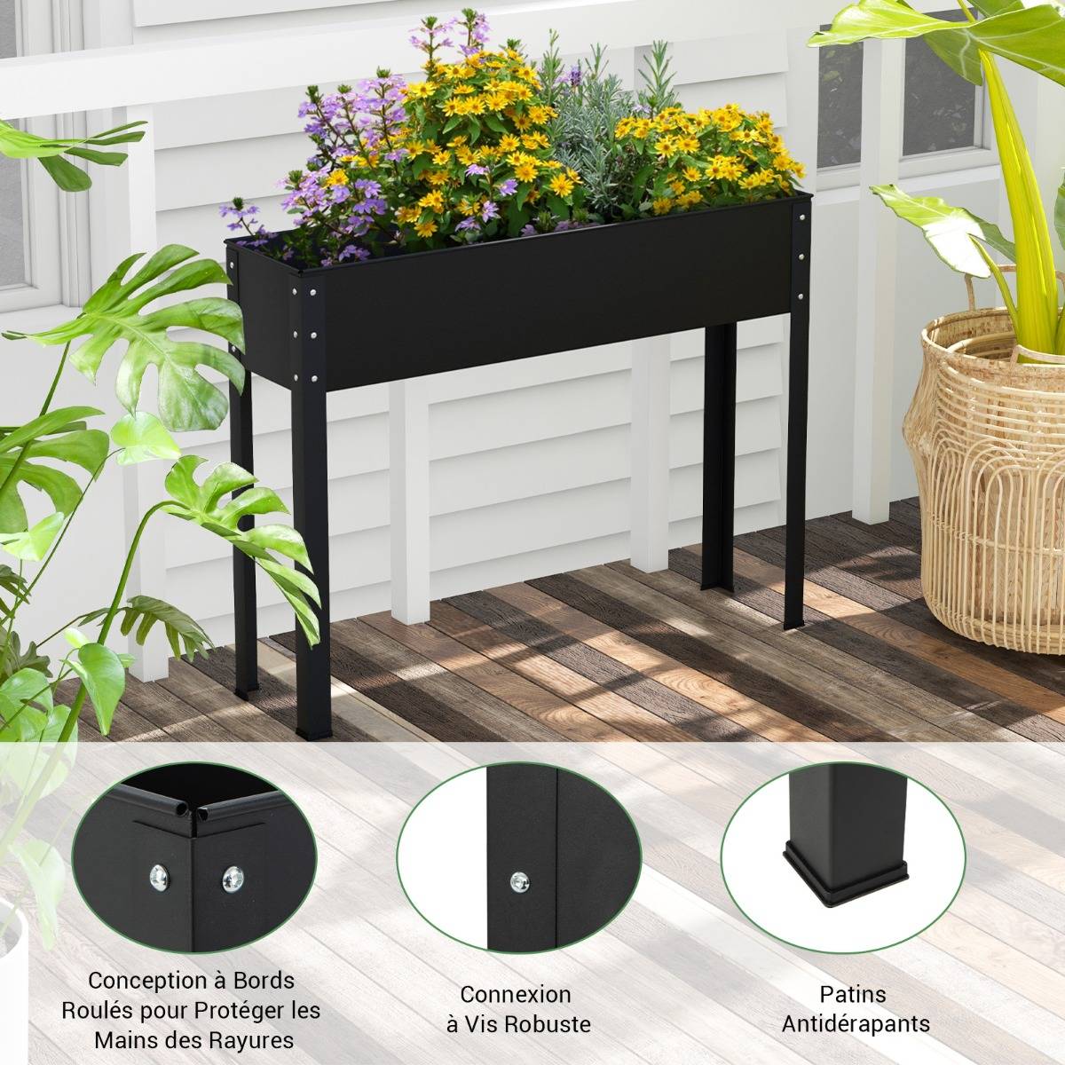 Bac à Jardin Surélevé Jardinière Métallique Élevée avec Pieds Trou de Drainage Conteneur de Plantes Extérieur Intérieur Noir - Image 6