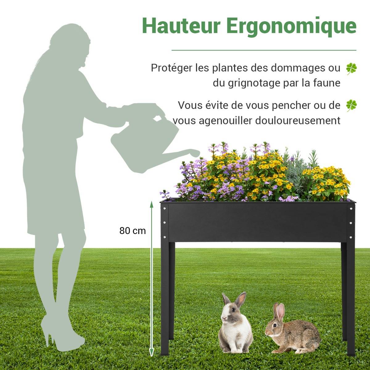 Bac à Jardin Surélevé Jardinière Métallique Élevée avec Pieds Trou de Drainage Conteneur de Plantes Extérieur Intérieur Noir - Image 9