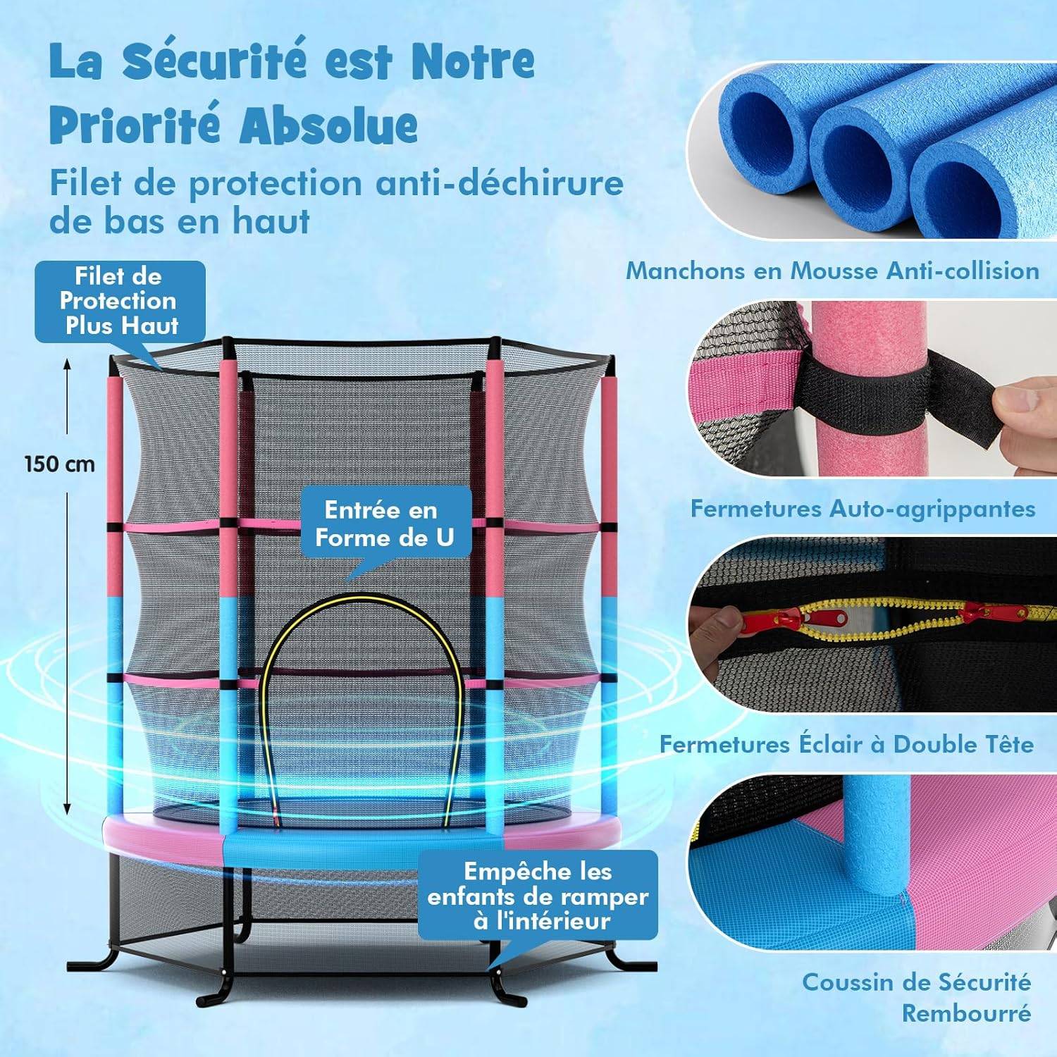 Costway - Trampoline Extérieur Enfants Ø165 CM avec Filet de Sécurité, Trampoline Enfants avec Cadre en Acier & 6 Poteaux Recouvert de Mousse (Macaron) - Image 5