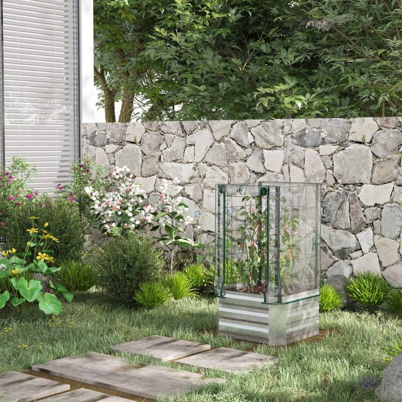 Carré Potager Surélevé Acier Serre Treillis Jardin Balcon 3en1 53x53x90cm Argent - ComfortXL Outdoor Living - Image 1