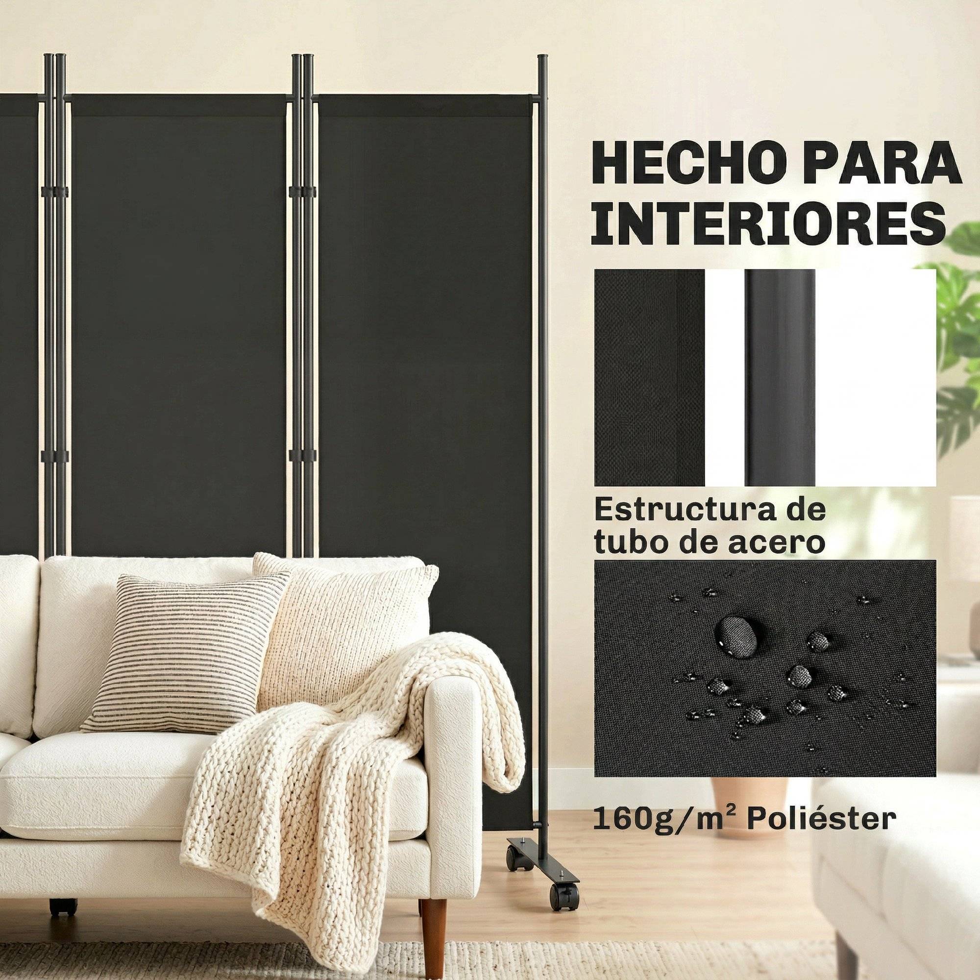 Paravent pliable à 5 panneaux sur 12 roulettes (252 x 170 cm) – Configuration modulable – Noir - Image 9