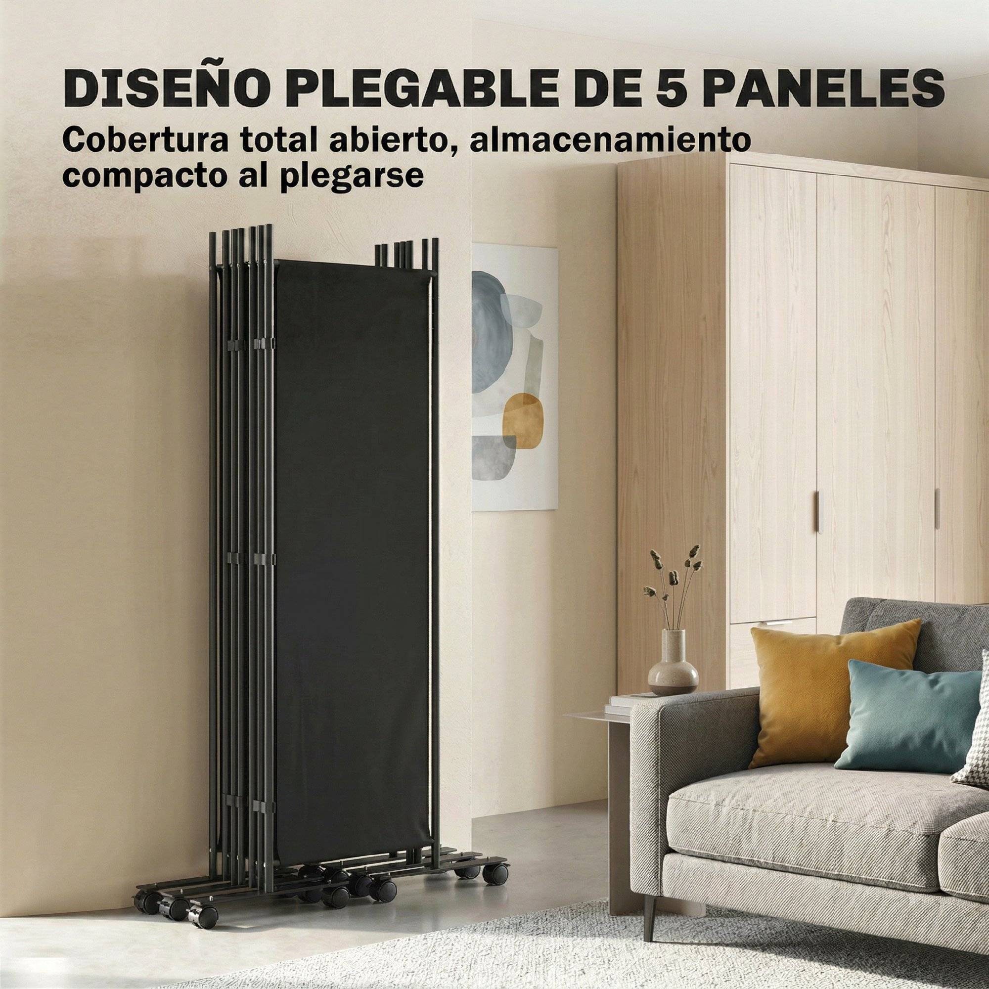 Paravent pliable à 5 panneaux sur 12 roulettes (252 x 170 cm) – Configuration modulable – Noir - Image 7