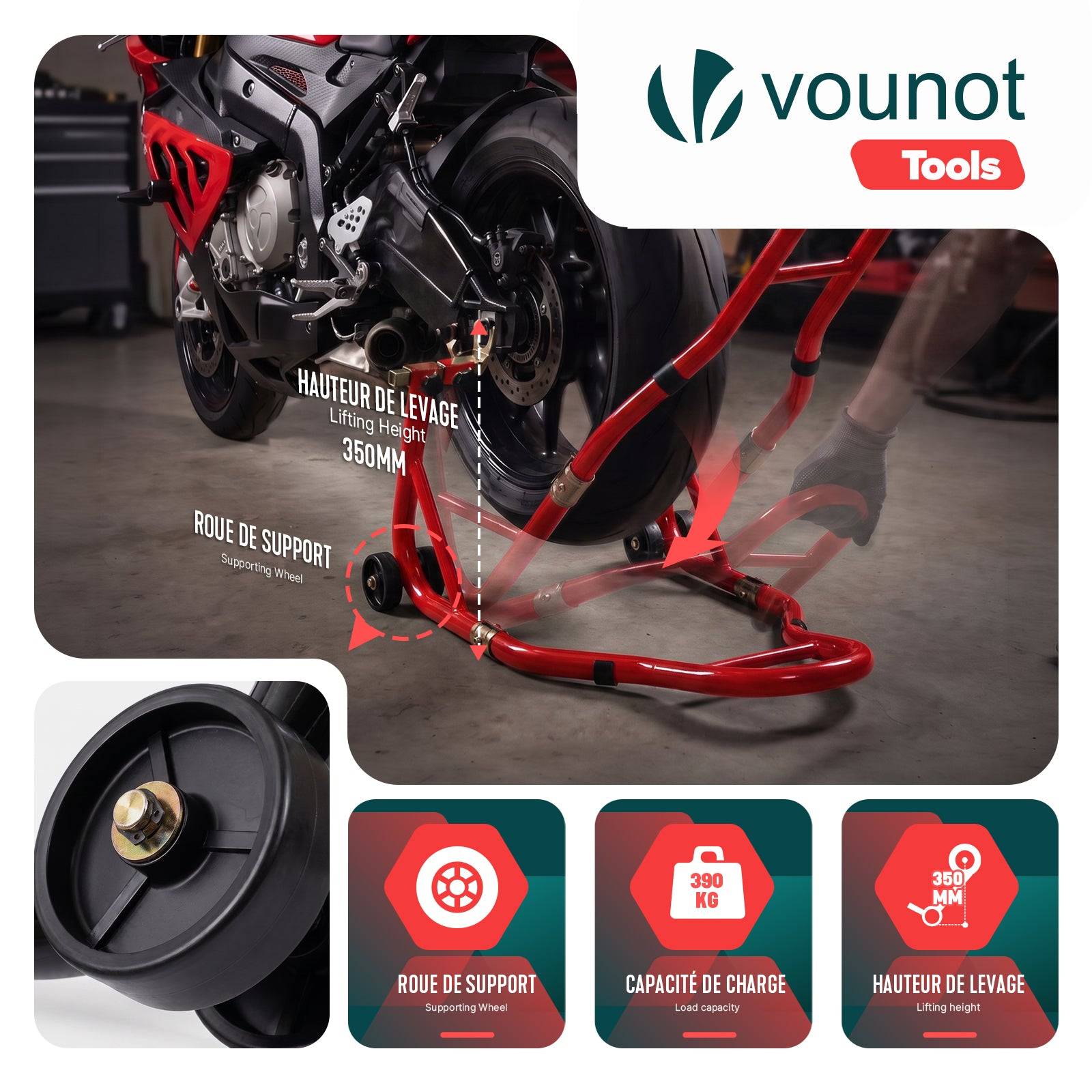 Vounot - Bequille Moto roue arriere charge max 390 kg acier Rouge - Image 5
