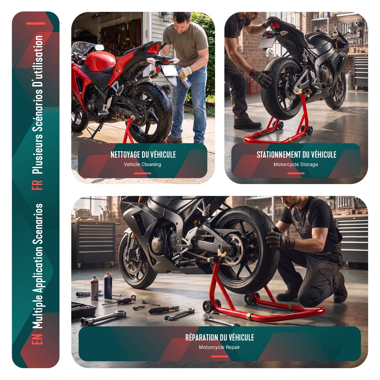 Vounot - Bequille Moto roue arriere charge max 390 kg acier Rouge - Image 7