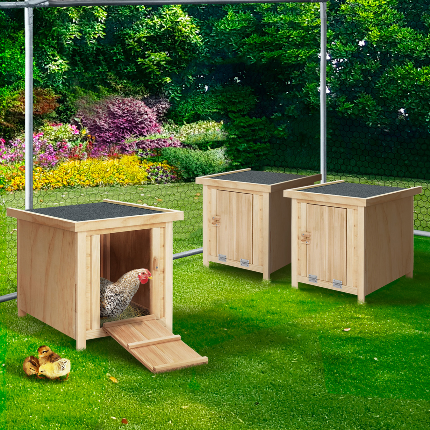IDMARKET - Lot de 3 clapiers en bois pondoirs pour poules nichoirs avec fond - Image 1