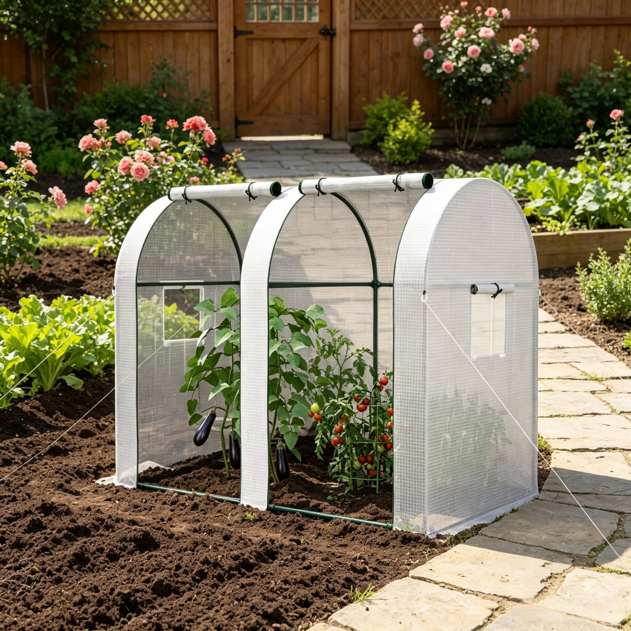 ComfortXL - Serre à tomates PE acier 135 g/m² 185 x 94 x 150 cm blanche potager 2 portes 4 fenêtres protection renforcée - Image 4