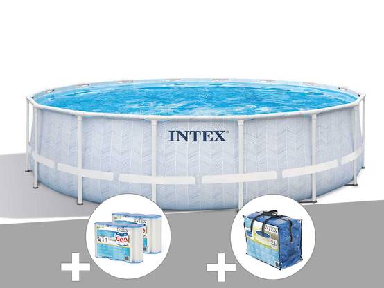 Kit piscine tubulaire Intex Chevron ronde 4,88 x 1,22 m + 6 cartouches de filtration + Bâche à bulles - Image 1