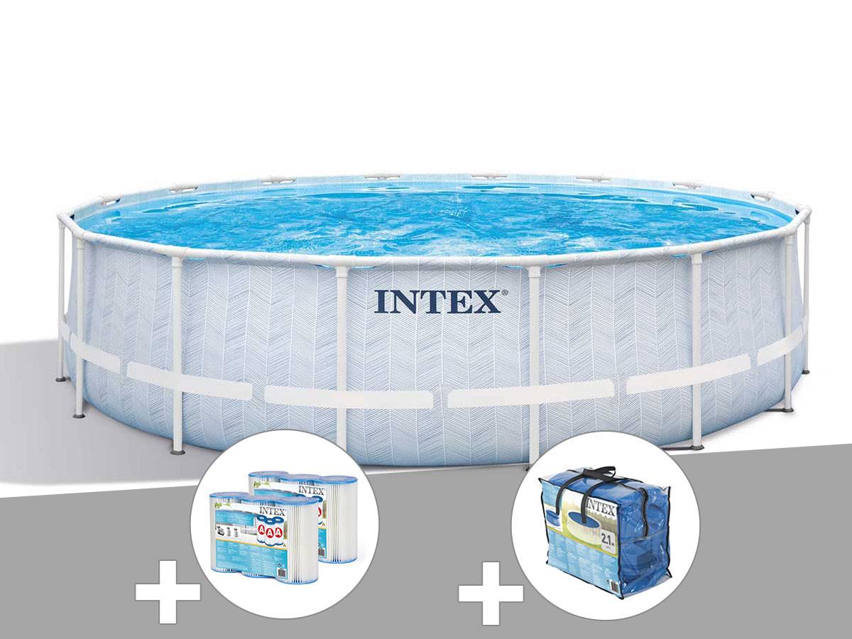 Kit piscine tubulaire Intex Chevron ronde 4,88 x 1,22 m + 6 cartouches de filtration + Bâche à bulles - Image 1