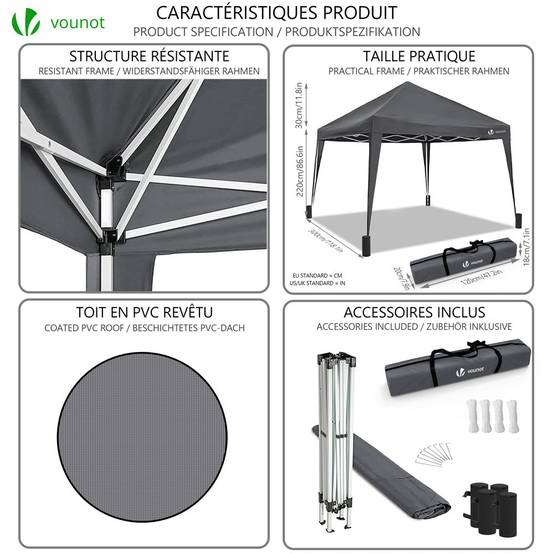 VOUNOT® Tonnelle de jardin 3x3m pliable avec sac de transport gris - Image 3