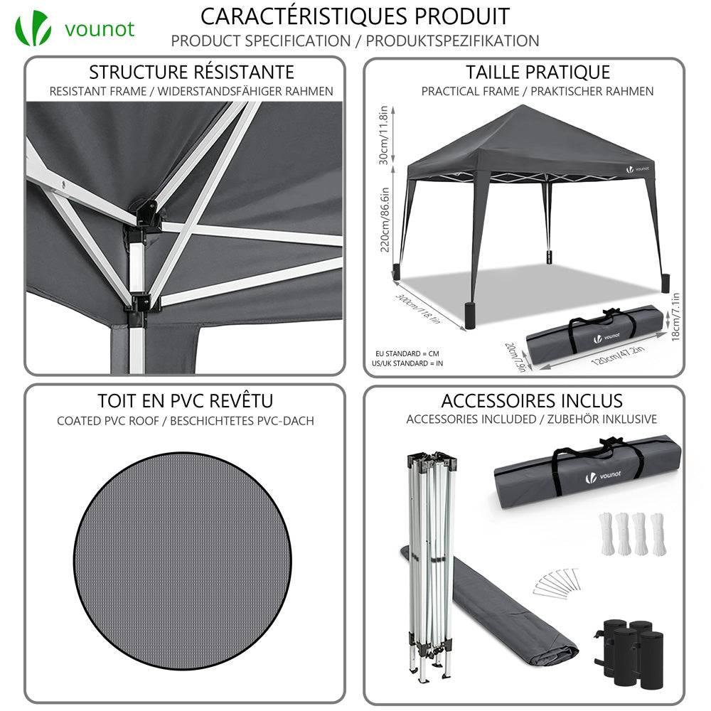 VOUNOT® Tonnelle de jardin 3x3m pliable avec sac de transport gris - Image 3