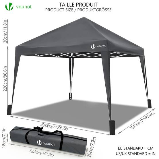 VOUNOT® Tonnelle de jardin 3x3m pliable avec sac de transport gris - Image 5