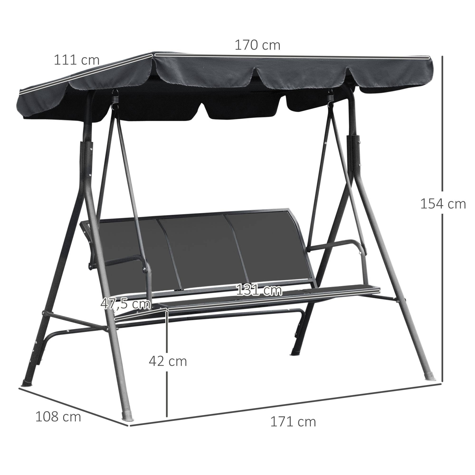 Outsunny - Balancelle de jardin 3 places grand confort toit imperméabilisé inclinaison réglable assise et dossier ergonomique acier textilène gris - Outsunny - Image 3