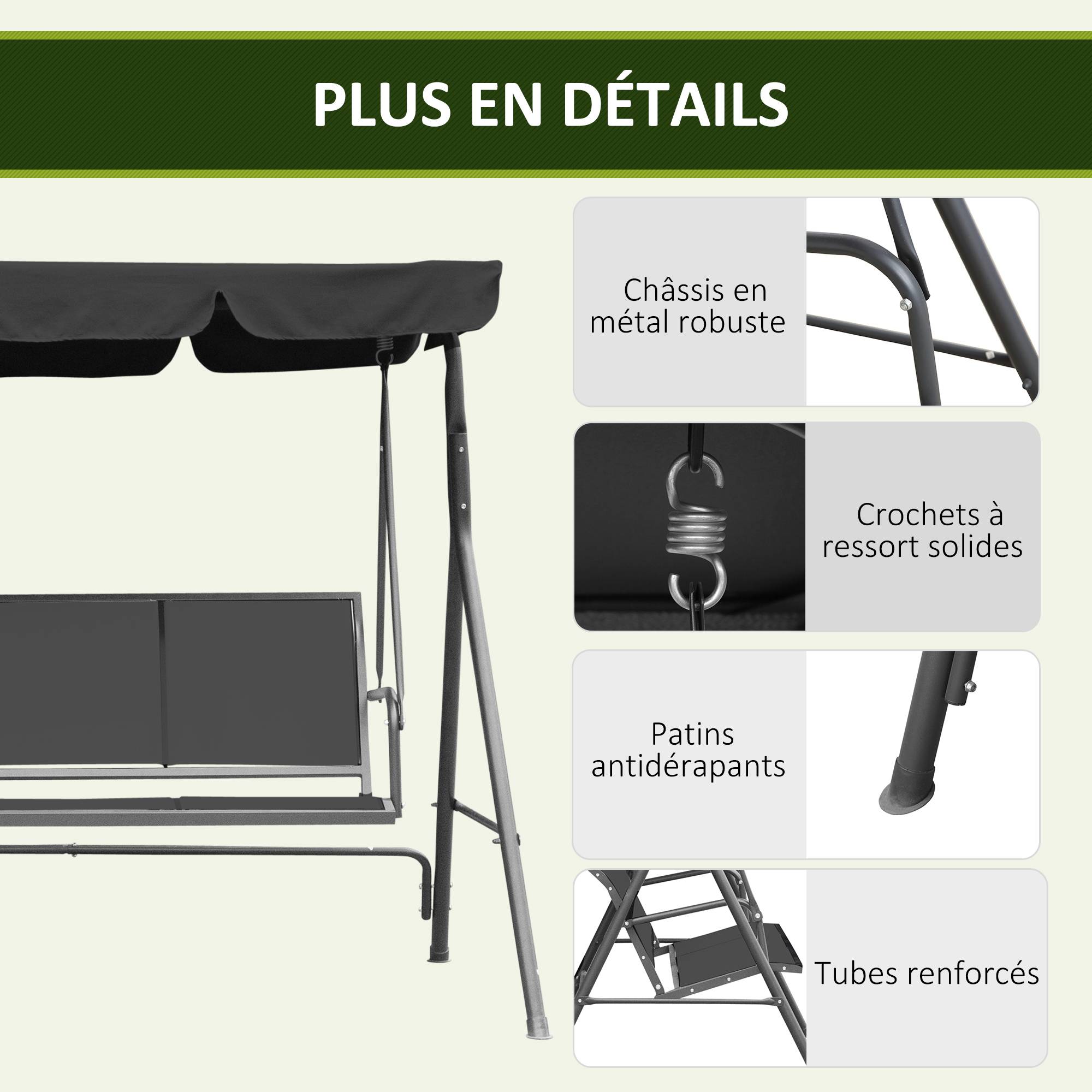 Outsunny - Balancelle de jardin 3 places grand confort toit imperméabilisé inclinaison réglable assise et dossier ergonomique acier textilène gris - Outsunny - Image 7