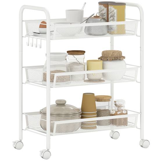 Chariot de service 3 niveaux avec paniers, meuble roulant rangement cuisine salle de bain bureau blanc moderne - Image 1