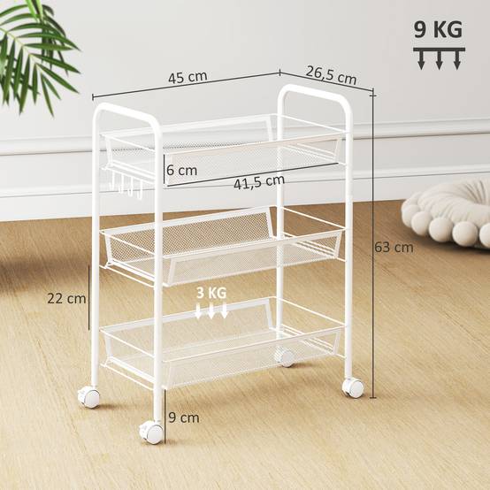 Chariot de service 3 niveaux avec paniers, meuble roulant rangement cuisine salle de bain bureau blanc moderne - Image 5