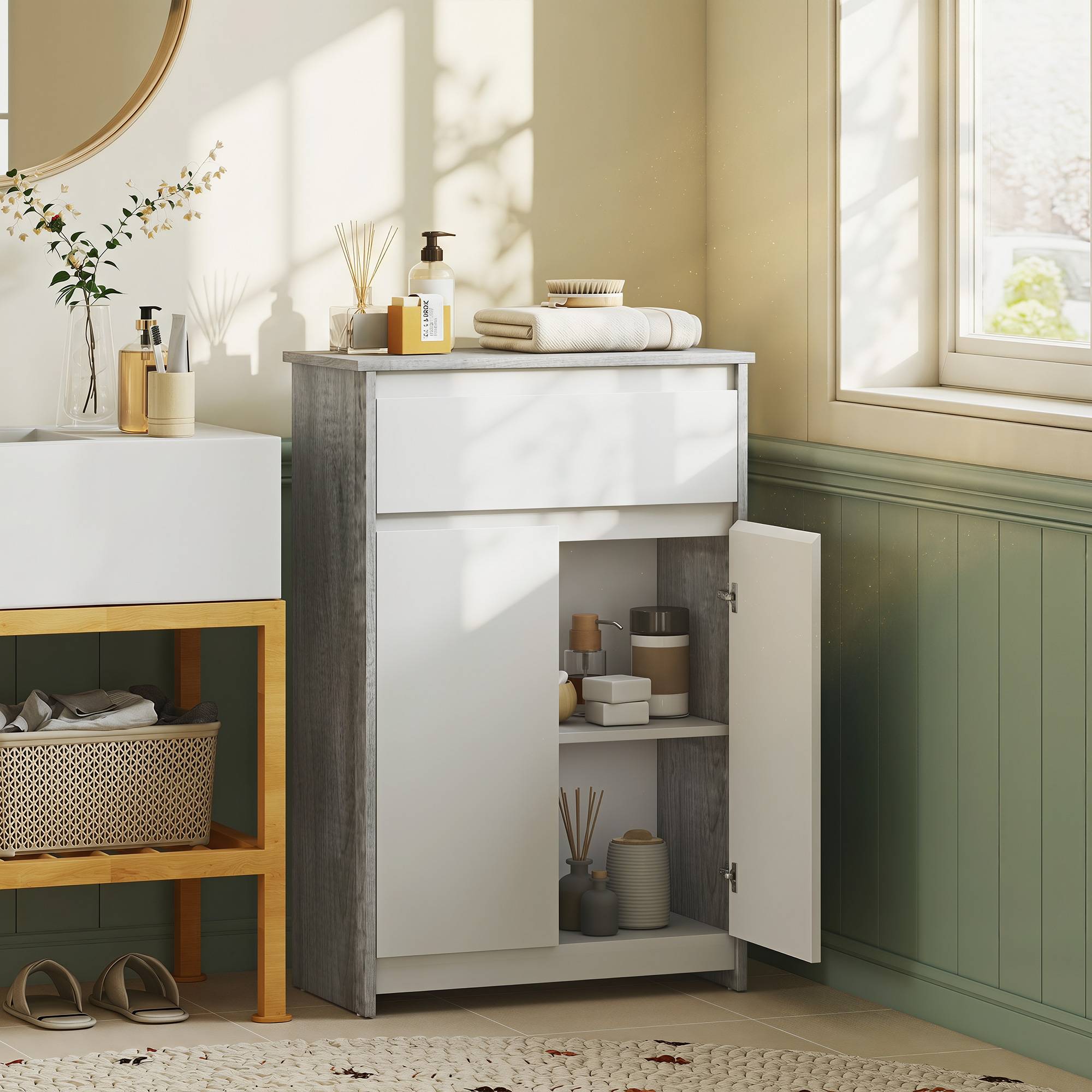 Sans Marque - Meuble salle bain tiroir double porte gris blanc - Image 3