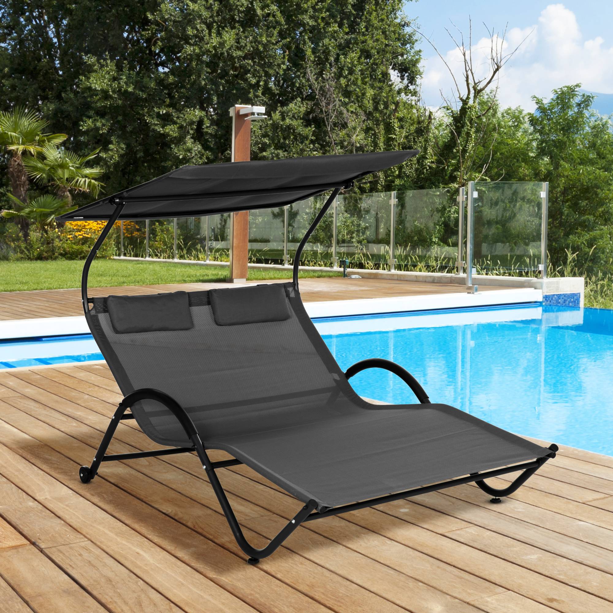 Outsunny - Bain de soleil 2 places lit de jardin design contemporain auvent réglable roulettes tétières acier époxy polyester gris - Outsunny - Image 2