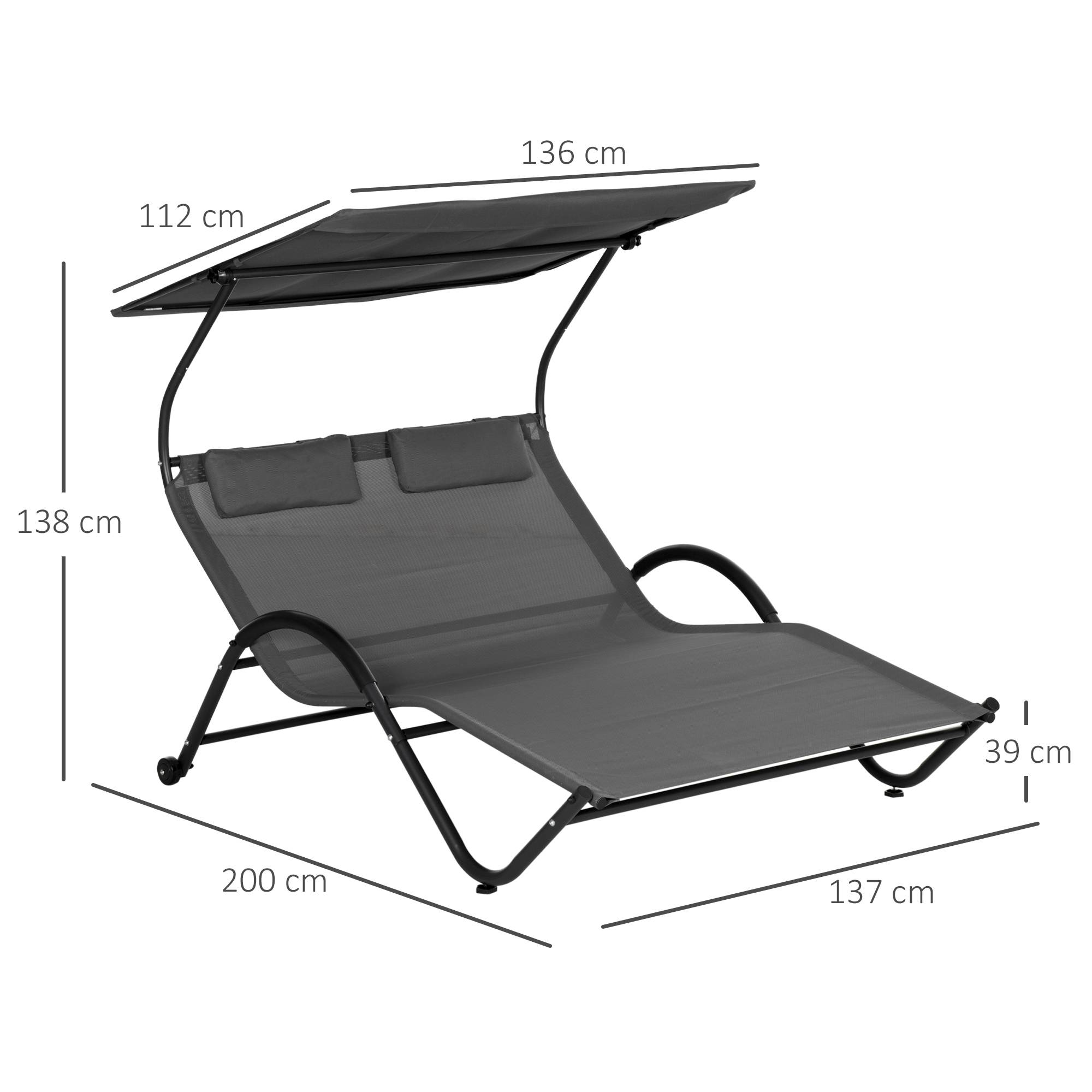 Outsunny - Bain de soleil 2 places lit de jardin design contemporain auvent réglable roulettes tétières acier époxy polyester gris - Outsunny - Image 3