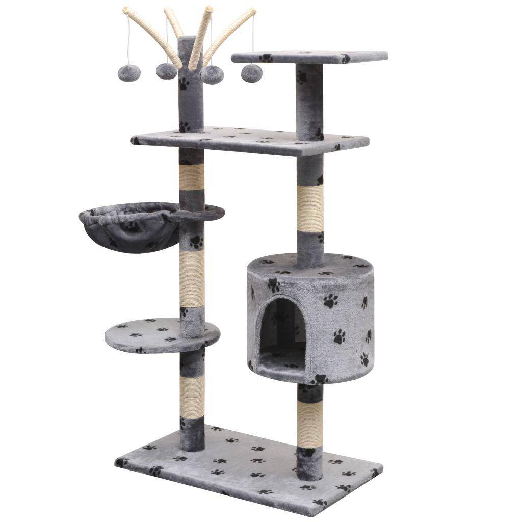 Helloshop26 - Arbre à chat griffoir grattoir niche jouet animaux peluché et sisal 125 cm empreintes de pattes gris - Image 2