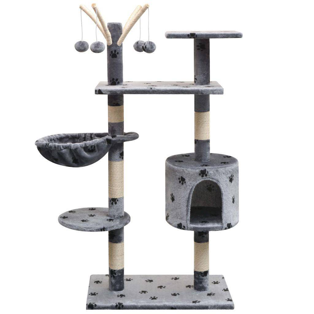 Helloshop26 - Arbre à chat griffoir grattoir niche jouet animaux peluché et sisal 125 cm empreintes de pattes gris - Image 1