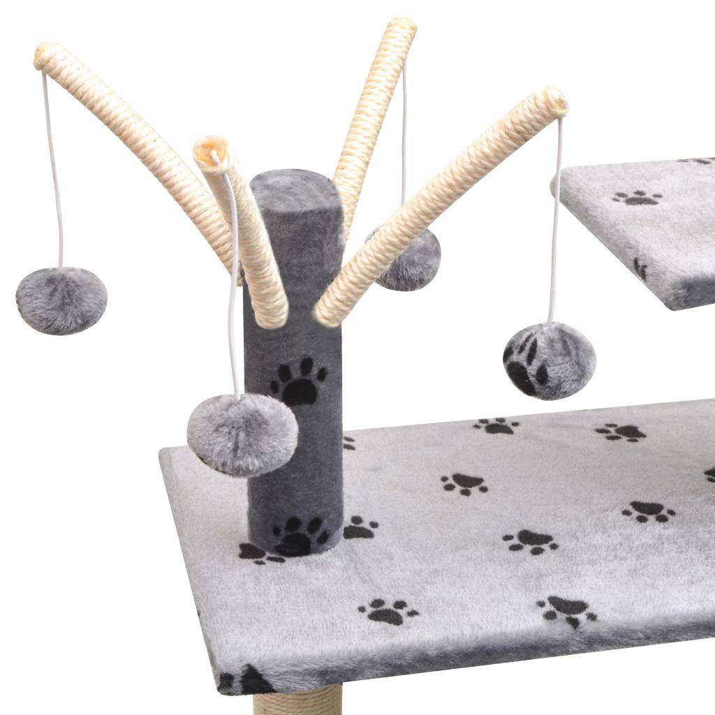 Helloshop26 - Arbre à chat griffoir grattoir niche jouet animaux peluché et sisal 125 cm empreintes de pattes gris - Image 4
