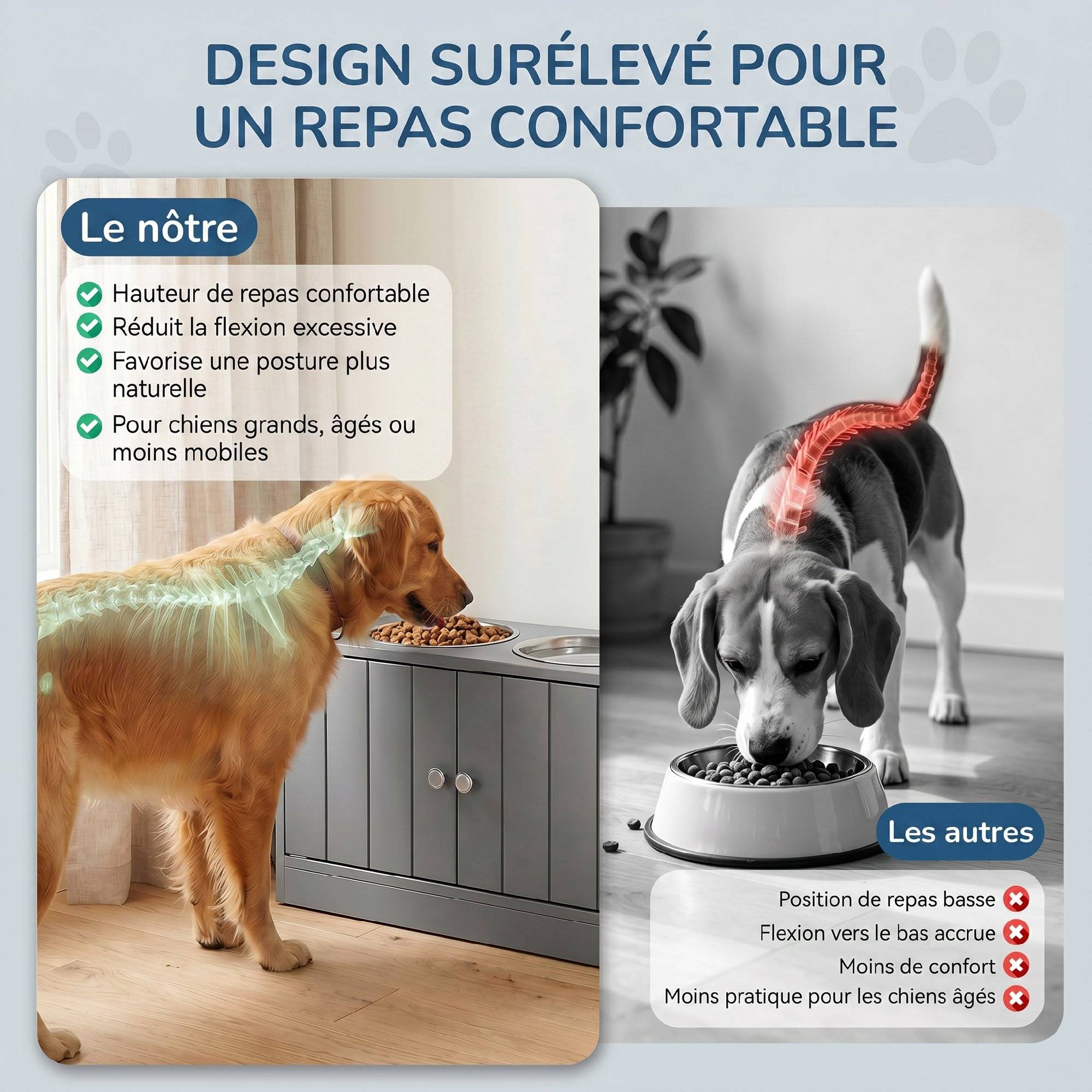 Gamelles Chiens Surélevées Gamelle Double Chien Chat Porte-Gamelles 2L Acier Inox 60 x 30 x 35,5 cm Gris - Image 10