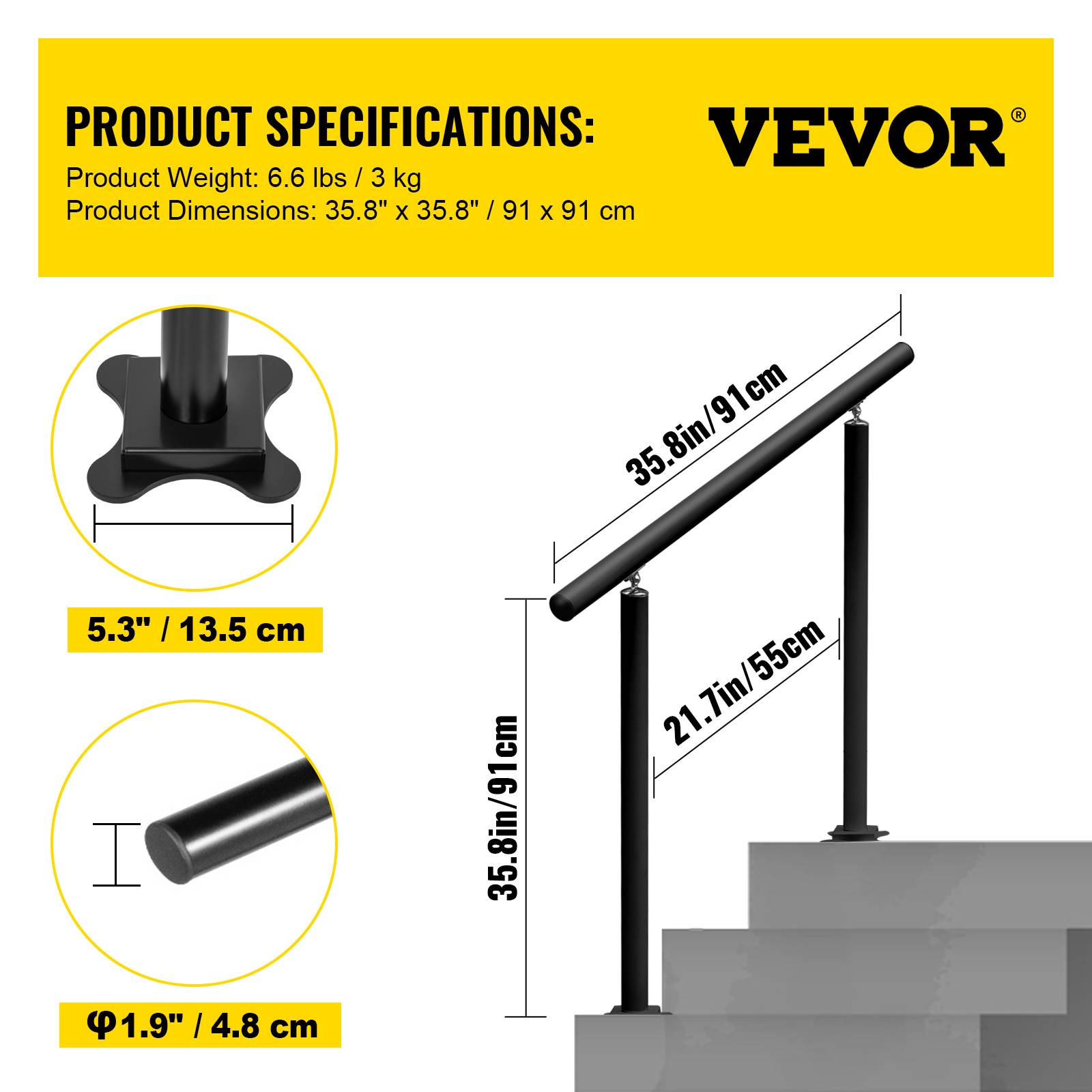 Vevor - VEVOR Escalier Extérieur de Main Courante de Transition 91 x 91 cm Noir Jardin - Image 7