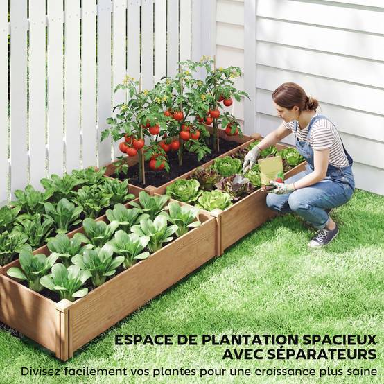 Sans Marque - Carré Potager en Bois Lit de Jardin Surélevé 4 Zones de Culture Fond Ouvert Montage sans Outil 234x109x25cm Marron Clair - Image 7