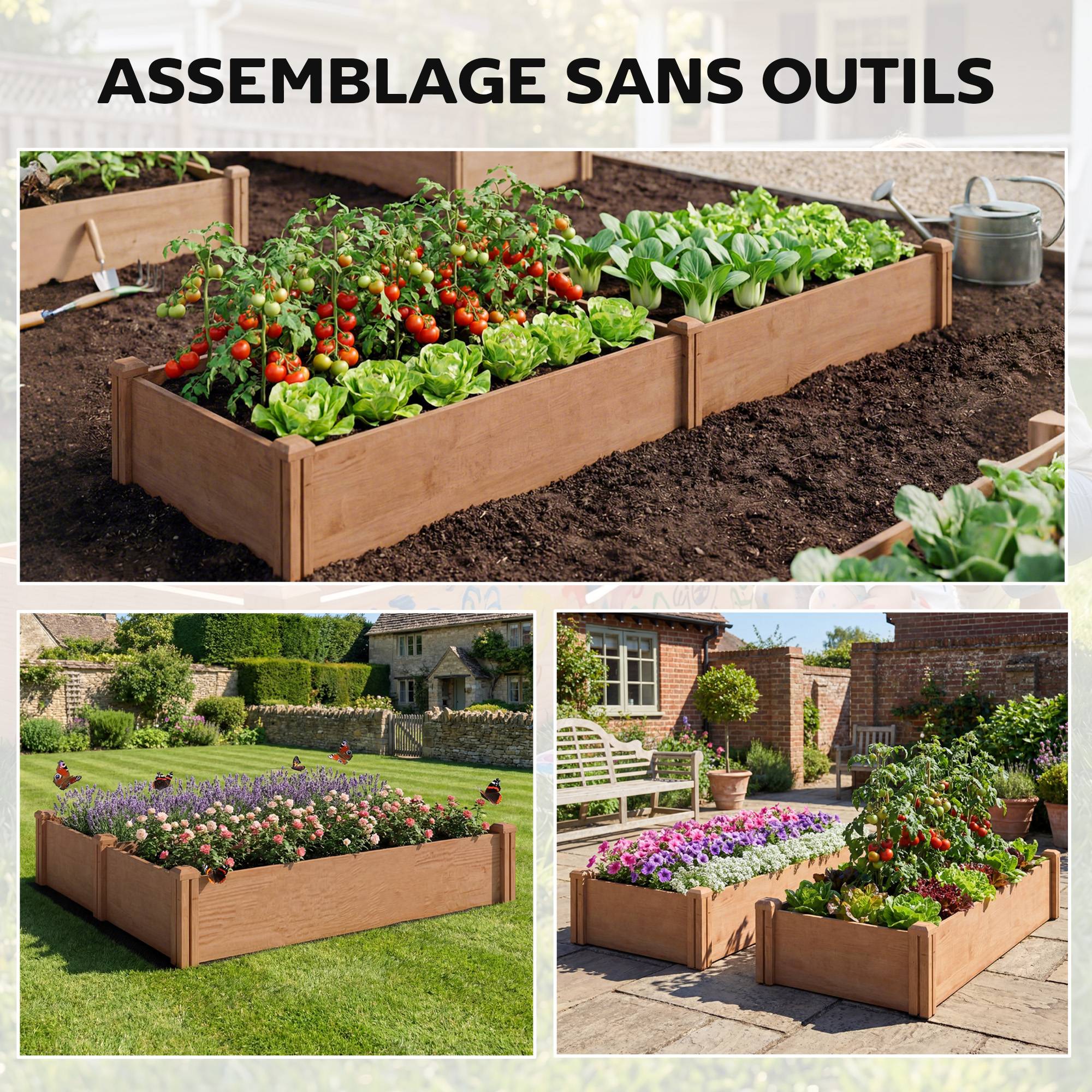 Sans Marque - Carré Potager en Bois Lit de Jardin Surélevé 4 Zones de Culture Fond Ouvert Montage sans Outil 234x109x25cm Marron Clair - Image 6