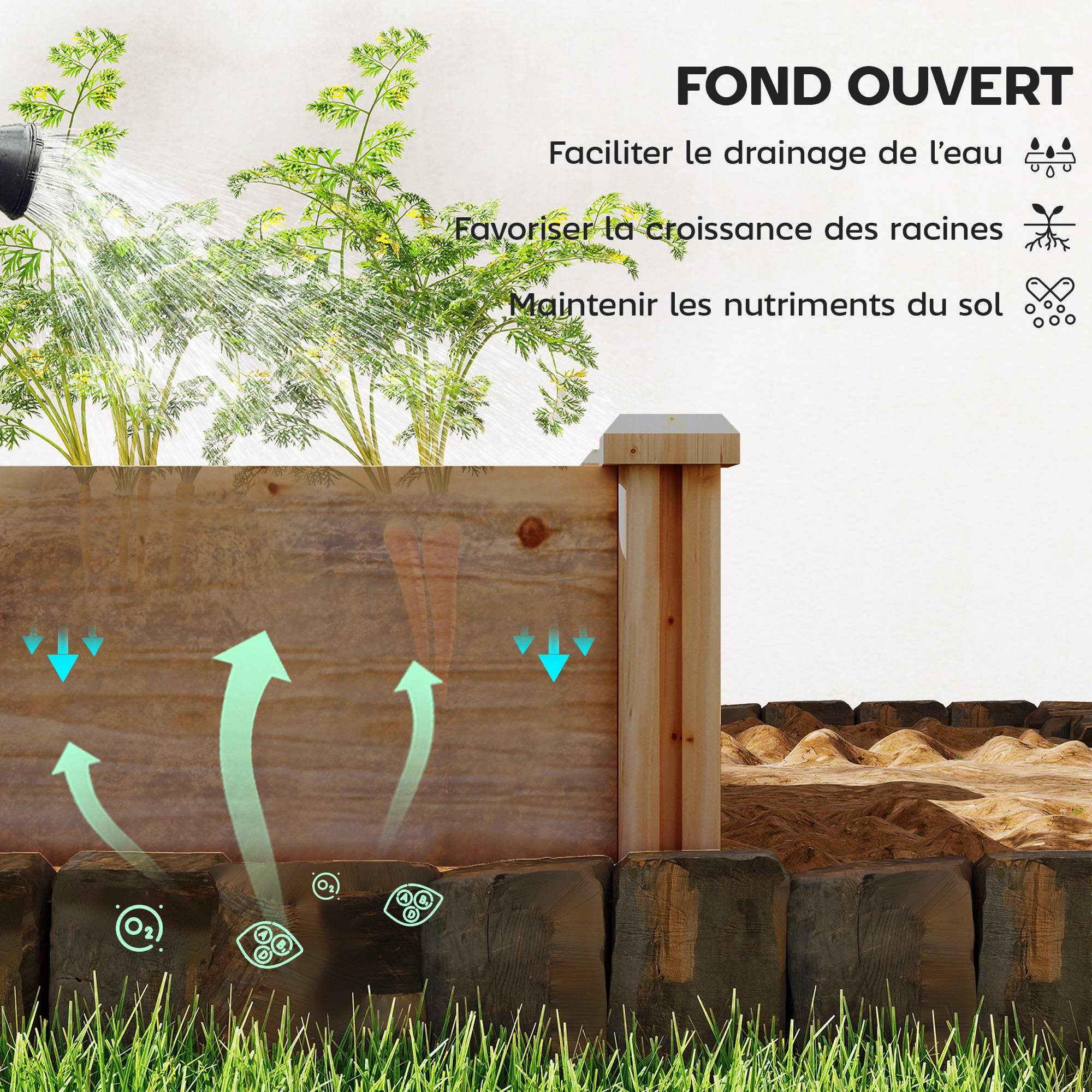 Sans Marque - Carré Potager en Bois Lit de Jardin Surélevé 4 Zones de Culture Fond Ouvert Montage sans Outil 234x109x25cm Marron Clair - Image 10